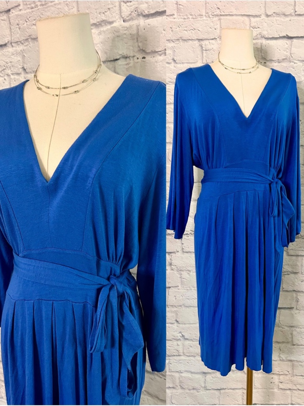 Nicole Miller Dress Rayon Lapis Blue V-Neck Midi Belt Knit Flowy Office Siren